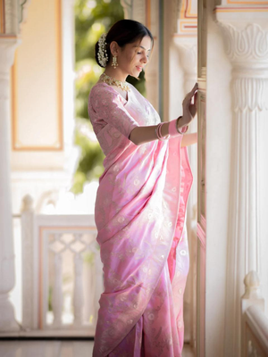 Baby Pink Designer Weaving Jacquard Faux Banarasi Soft Silk Traditional Saree 3