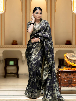 Black Designer Weaving Jacquard Faux Banarasi Soft Silk Traditional Saree 1