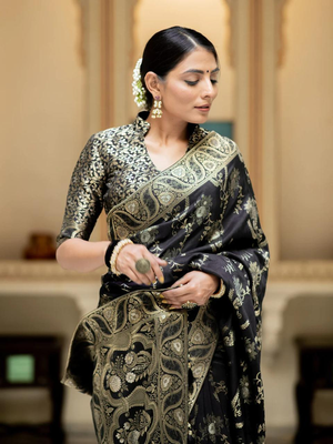 Black Designer Weaving Jacquard Faux Banarasi Soft Silk Traditional Saree 2
