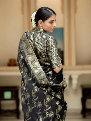 Black Designer Weaving Jacquard Faux Banarasi Soft Silk Traditional Saree 3