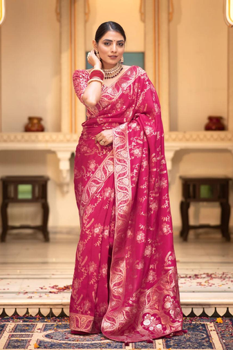 Pink Designer Weaving Jacquard Faux Banarasi Soft Silk Traditional Saree