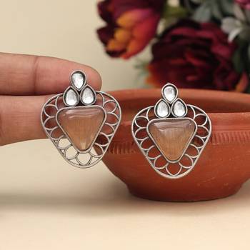 Peach color monalisa stone oxidised earrings 1