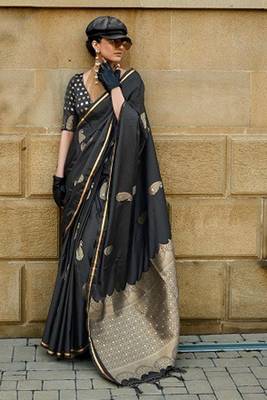 Black Banarasi Style Silk And Satin Rich Pallu Saree With Blouse For Women 1