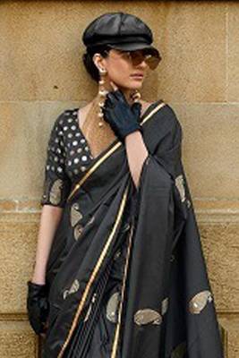 Black Banarasi Style Silk And Satin Rich Pallu Saree With Blouse For Women 2
