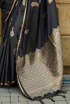 Black Banarasi Style Silk And Satin Rich Pallu Saree With Blouse For Women 3