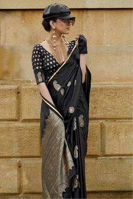 Black Banarasi Style Silk And Satin Rich Pallu Saree With Blouse For Women 4