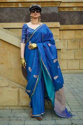 Women Indigo Banarasi Style Silk Saree And Satin Rich Pallu Saree With Blouse For Women 1