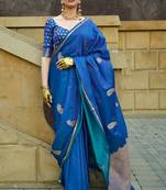 Women Indigo Banarasi Style Silk Saree And Satin Rich Pallu Saree With Blouse For Women