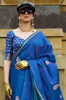 Women Indigo Banarasi Style Silk Saree And Satin Rich Pallu Saree With Blouse For Women 2