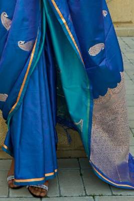 Women Indigo Banarasi Style Silk Saree And Satin Rich Pallu Saree With Blouse For Women 3