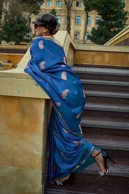 Women Indigo Banarasi Style Silk Saree And Satin Rich Pallu Saree With Blouse For Women 4