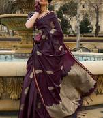 Women Wine Banarasi Style Silk Saree And Satin Rich Pallu Saree With Blouse For Women