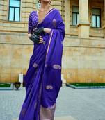 Women Blue Banarasi Style Silk Saree And Satin Rich Pallu Saree With Blouse For Women