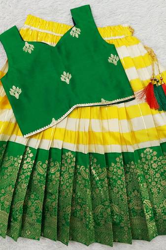 Baby Girl's Traditional Readymade Green Pattu Pavadai Lehenga Choli For Kids