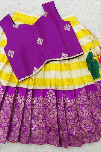 Baby Girl's Traditional Readymade Yellow Pattu Pavadai Lehenga Choli For Kids