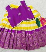 Baby Girl's Traditional Readymade Yellow Pattu Pavadai Lehenga Choli For Kids