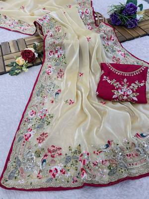 Cream Jimmy Choo Silk Multicolor Sequins Embroidered Saree with Unstitched Blouse 1