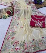Cream Jimmy Choo Silk Multicolor Sequins Embroidered Saree with Unstitched Blouse