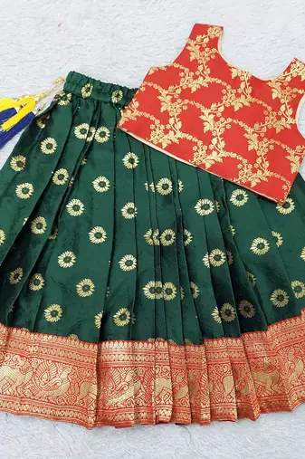 Baby Girl's Traditional Readymade Red Pattu Pavadai Lehenga Choli For Kids