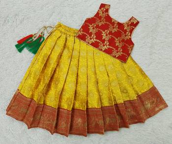 Baby Girl's Traditional Readymade Yellow Pattu Pavadai Lehenga Choli For Kids 1