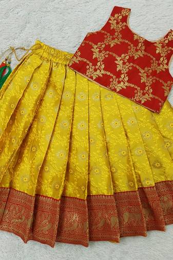 Baby Girl's Traditional Readymade Yellow Pattu Pavadai Lehenga Choli For Kids