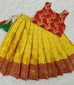 Baby Girl's Traditional Readymade Yellow Pattu Pavadai Lehenga Choli For Kids
