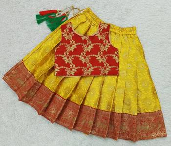 Baby Girl's Traditional Readymade Yellow Pattu Pavadai Lehenga Choli For Kids 2
