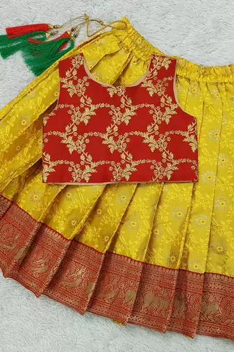 Baby Girl's Traditional Readymade Yellow Pattu Pavadai Lehenga Choli For Kids