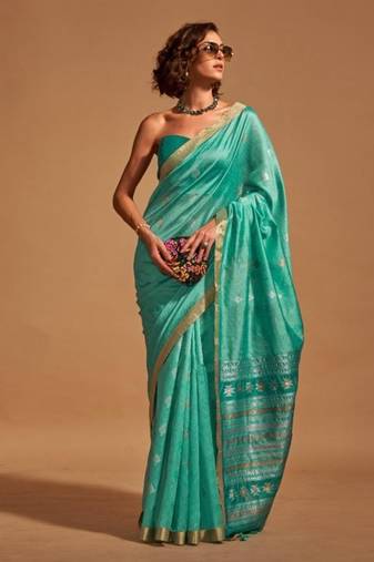 Women Teal Banarasi Style Silk Saree And Art Silk Rich Pallu Saree With Blouse For Women