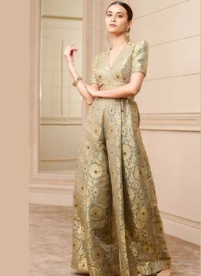 Pista Green Bamboo Banarasi Brocade Jumpsuit with Gold Lace 1