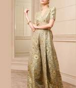 Pista Green Bamboo Banarasi Brocade Jumpsuit with Gold Lace