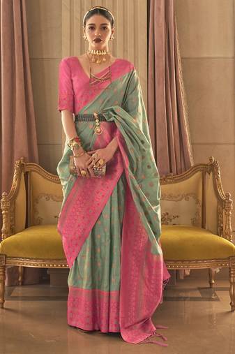 Women Green Banarasi Style Silk Saree And Art Silk Rich Pallu Saree With Blouse For Women
