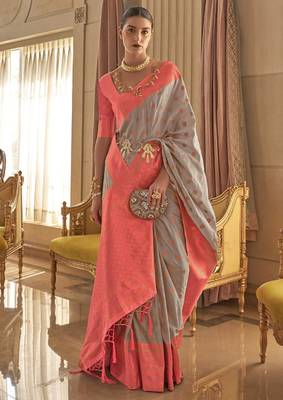 Women Grey Banarasi Style Silk Saree And Art Silk Rich Pallu Saree With Blouse For Women 1
