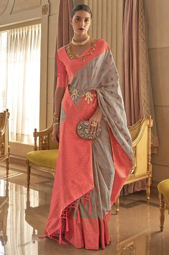 Women Grey Banarasi Style Silk Saree And Art Silk Rich Pallu Saree With Blouse For Women