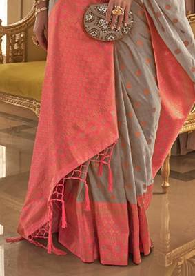 Women Grey Banarasi Style Silk Saree And Art Silk Rich Pallu Saree With Blouse For Women 3