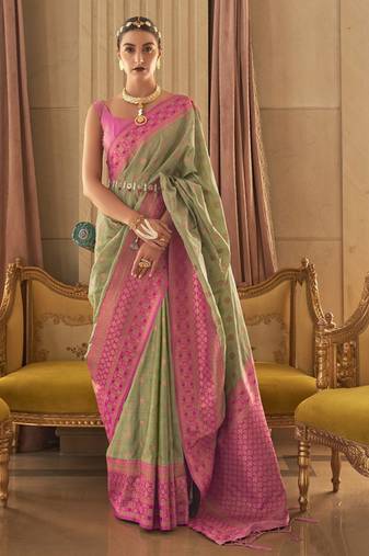 Women Parrot Green Banarasi Style Silk Saree And Art Silk Rich Pallu Saree With Blouse For Women
