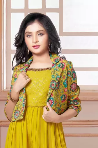 Cotton Silk Indowestern Mustard Yellow Palazzo Set for Girls