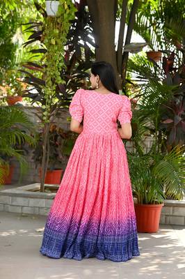 Indiatellme pink chinnon bandhej print gown with crush pleating, puff sleeves, and  v neck 2