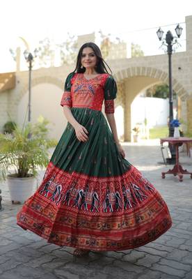 Indiatellme Dark Green Dola Silk Gown with Patola Designer Foil Print for Festive & Occasion Wear 1