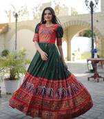 Indiatellme Dark Green Dola Silk Gown with Patola Designer Foil Print for Festive & Occasion Wear