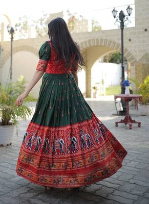 Indiatellme Dark Green Dola Silk Gown with Patola Designer Foil Print for Festive & Occasion Wear 2
