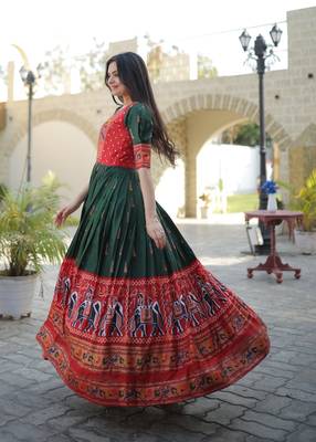 Indiatellme Dark Green Dola Silk Gown with Patola Designer Foil Print for Festive & Occasion Wear 3