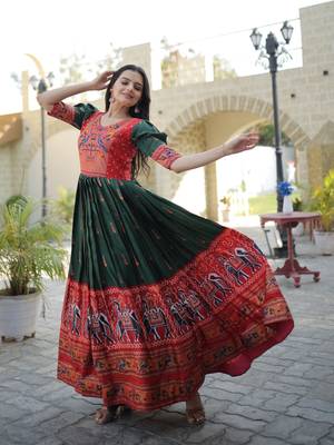 Indiatellme Dark Green Dola Silk Gown with Patola Designer Foil Print for Festive & Occasion Wear 4