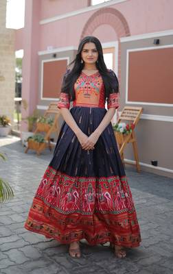 Indiatellme Navy Blue Dola Silk Gown with Patola Designer Foil Print for Festive & Occasion Wear 1