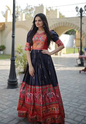 Indiatellme Navy Blue Dola Silk Gown with Patola Designer Foil Print for Festive & Occasion Wear 2