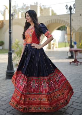 Indiatellme Navy Blue Dola Silk Gown with Patola Designer Foil Print for Festive & Occasion Wear 3