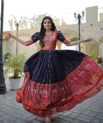 Indiatellme Navy Blue Dola Silk Gown with Patola Designer Foil Print for Festive & Occasion Wear 4