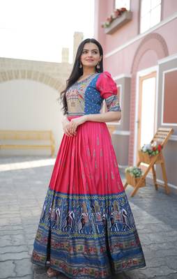 Indiatellme Pink Dola Silk Gown with Patola Designer Foil Print for Festive & Occasion Wear 1