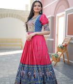 Indiatellme Pink Dola Silk Gown with Patola Designer Foil Print for Festive & Occasion Wear