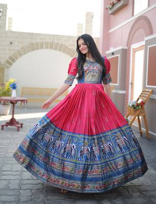 Indiatellme Pink Dola Silk Gown with Patola Designer Foil Print for Festive & Occasion Wear 2